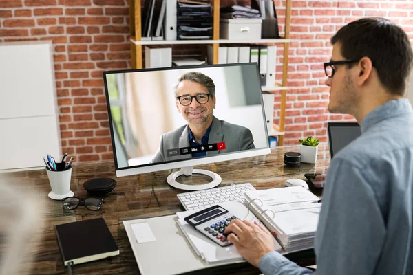 Financial Tax Advisor Looking Invoice Video Conference Client — Stock Photo, Image