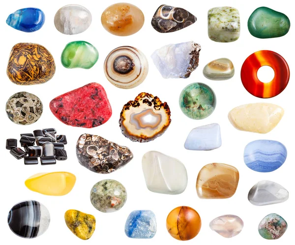 Kolaż Różnych Agatów Naturalnych Kamieni Mineralnych Izolowanych Białym Tle — Zdjęcie stockowe