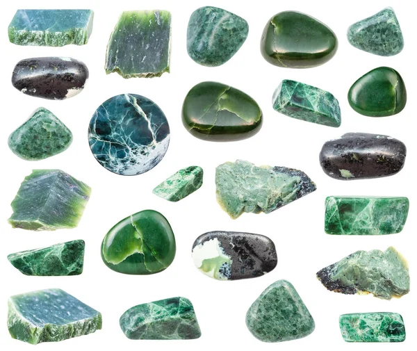 Sammlung Verschiedener Natürlicher Jade Mineralsteine Und Gesteinsproben Isoliert Auf Weißem — Stockfoto