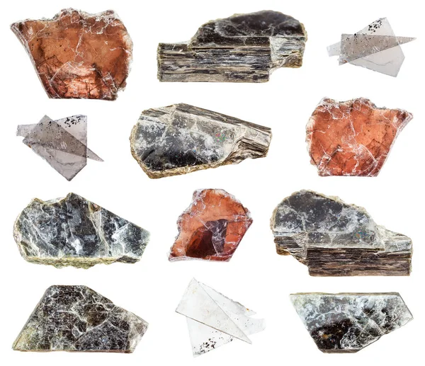 从白色背景分离出来的各种麝香 普通云母 天然矿物 — 图库照片