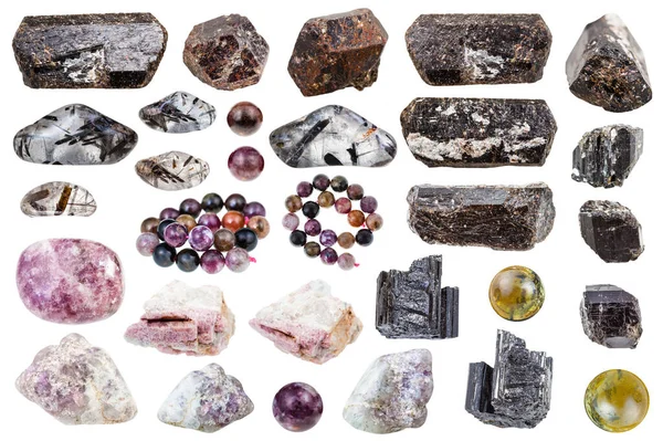 Colección Diversas Piedras Minerales Naturales Turmalina Muestras Roca Aislada Sobre —  Fotos de Stock