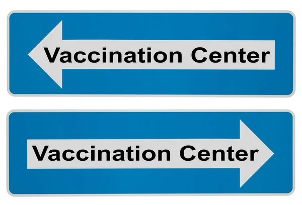 青い看板予防接種センター矢印道路白い背景にサインイン — ストック写真