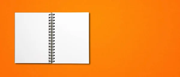 Blank Open Spiral Notebook Mockup Isolated Orange Horizontal Banner — Stock Photo, Image