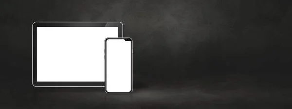 Telefon Komórkowy Cyfrowy Tablet Ciemnobetonowej Scenie Biurowej Poziomy Baner Tle — Zdjęcie stockowe