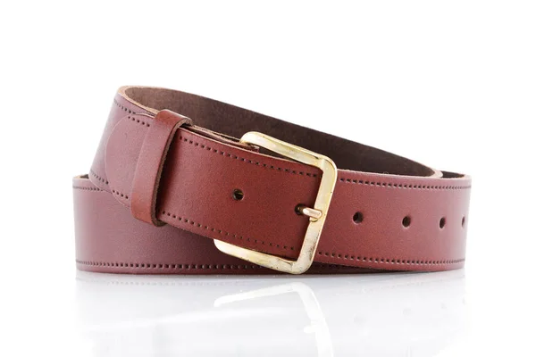 Brown Leather Belt White Background Front Reflection — Fotografia de Stock