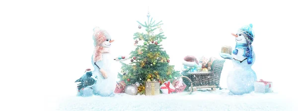 Felice Pupazzo Neve Piedi Inverno Paesaggio Natale — Foto Stock