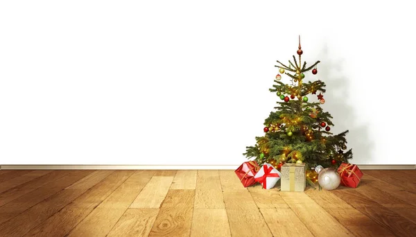 Árbol Navidad Con Decoraciones Rojas Blancas Suelo — Foto de Stock