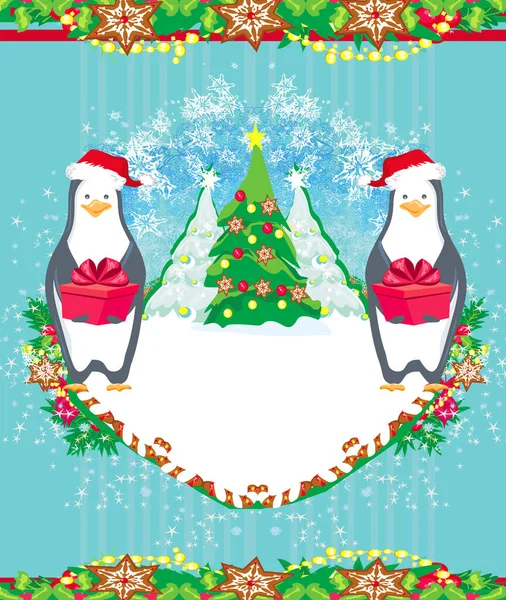 Pingwin Prezentem Świątecznym Zabawna Karta — Zdjęcie stockowe