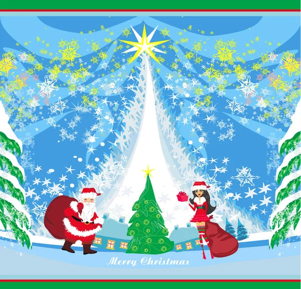 Weihnachtsmann Und Ein Schönes Mädchen Verteilen Heiligabend Geschenke — Stockfoto