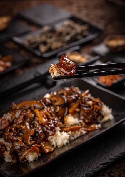 Carne Picante Quente Servida Com Arroz Fervido Menu Comida Chinesa — Fotografia de Stock