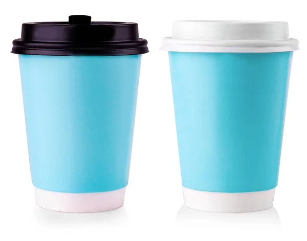 Blue Paper Cup Met Zwart Deksel Geïsoleerd Witte Achtergrond — Stockfoto