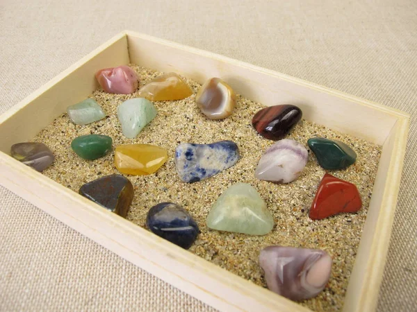 Tumbled Gemstones Wooden Box Sand — Stock Photo, Image