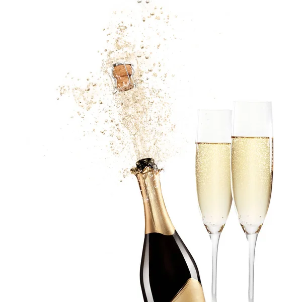Champagne Glasses Splash Falling Confetti White Background — Stock Photo, Image
