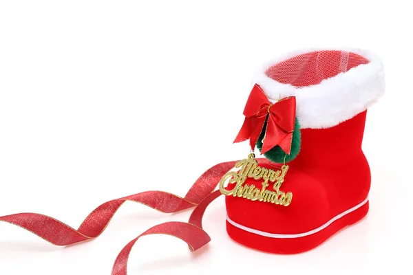 红色圣诞老人的靴子 带有白色背景的复制空间隔离 — 图库照片