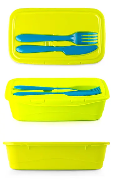Green Plastic Food Container Knife Fork White Background — Stock Photo, Image