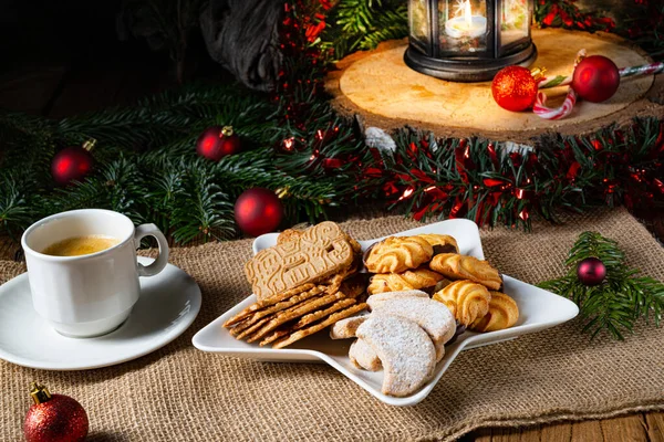 Different Types Biscuits Rustic Christmas Decorations — Stock Photo, Image