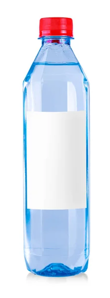 Piccola Bottiglia Acqua Con Coperchio Rosso Etichetta Isolata Fondo Bianco — Foto Stock
