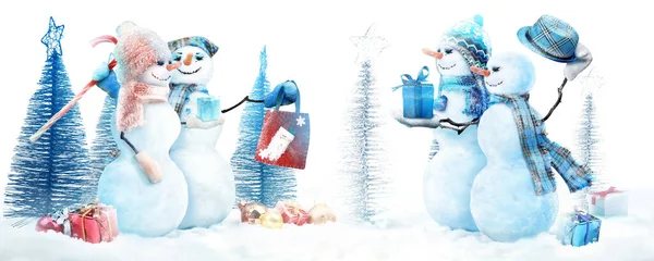 Boldog Hóember Áll Téli Karácsonyi Táj — Stock Fotó