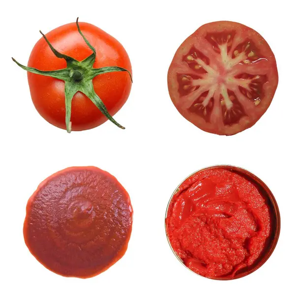 Kolaż Pomidorowy Pełnym Owocem Plasterkiem Ketchupem Sosem Pomidorowym Puszce — Zdjęcie stockowe