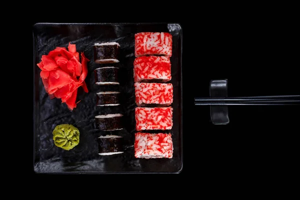 Japans Restaurant Sushi Broodje Zwarte Lei Set Met Eetstokjes Gember — Stockfoto