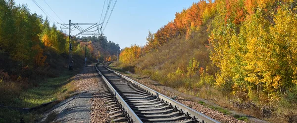 Kolej Przechodzi Przez Piękny Jesienny Las Kolorowymi Drzewami Droga Skręca — Zdjęcie stockowe