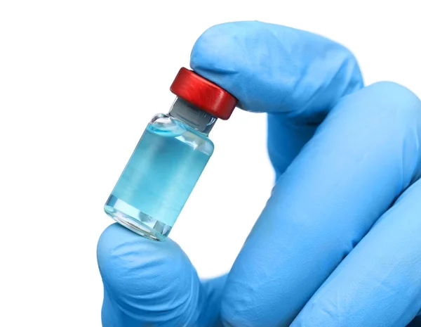 Hand Blue Medical Gloves Holding Vaccine Isolated — Stock Photo, Image