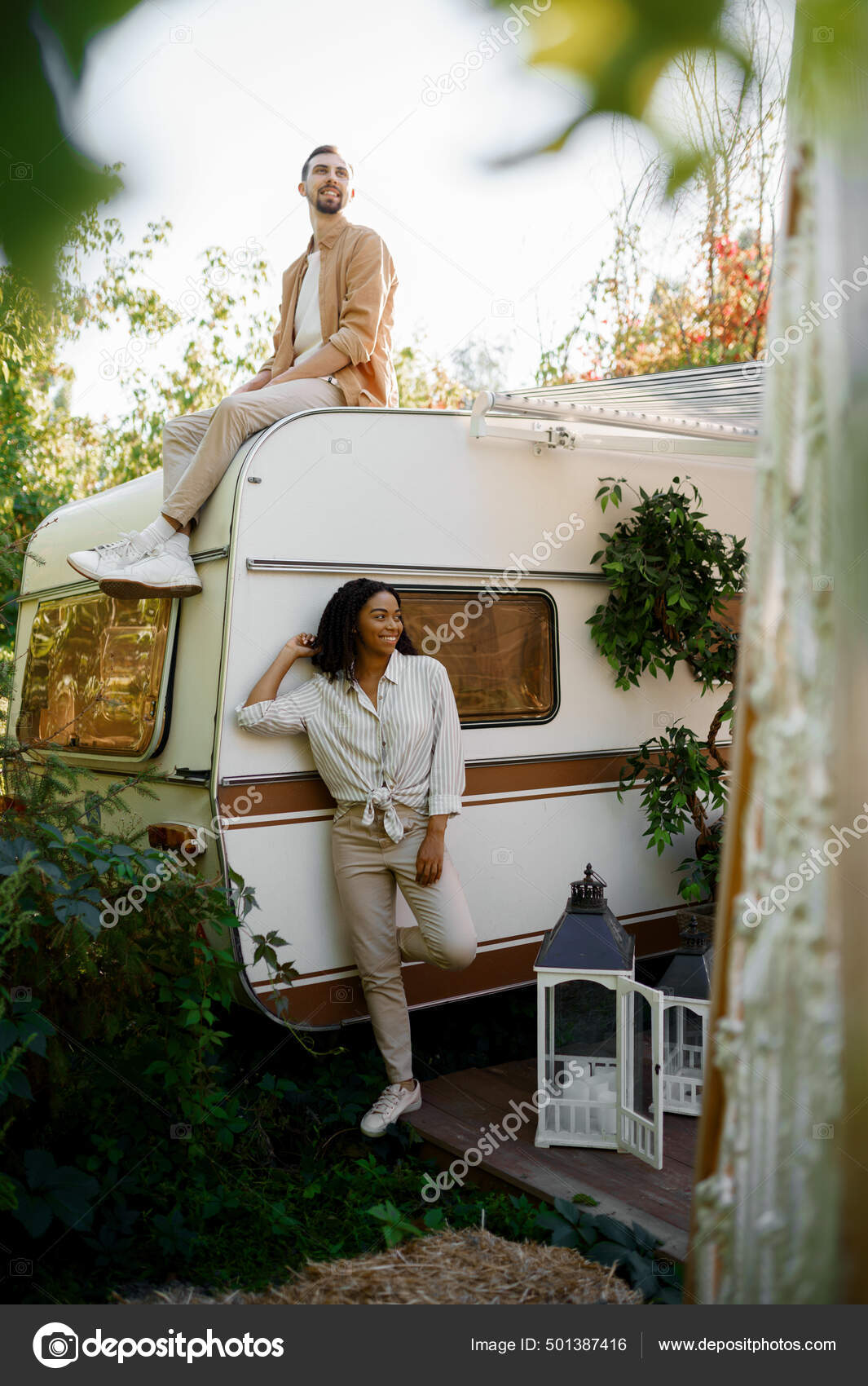 Happy Love Couple Poses Camping Trailer Man Woman Travels Van