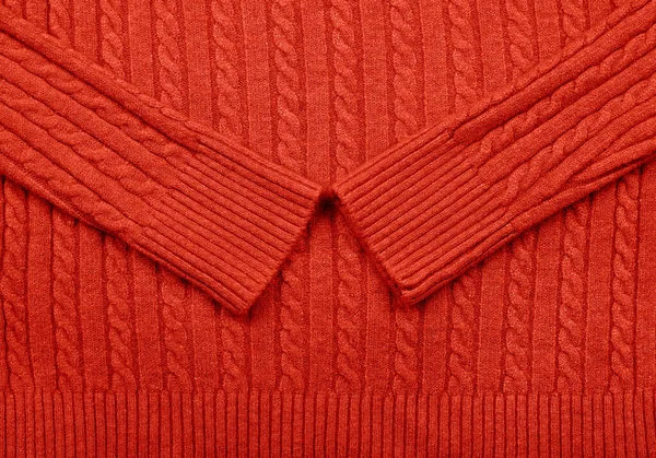 Närbild Bakgrund Textur Röd Kabel Stickad Ull Jersey Tyg Tröja — Stockfoto