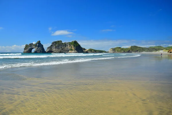 Krásný Nový Zéland Přímořská Pláň Wharariki Pláži Archway Islands Dva — Stock fotografie