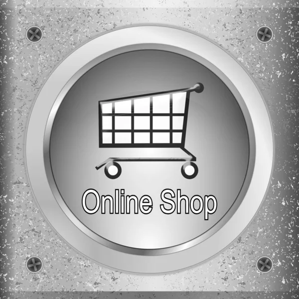 Prata Online Shop Button Uma Placa Metal Ilustração — Fotografia de Stock