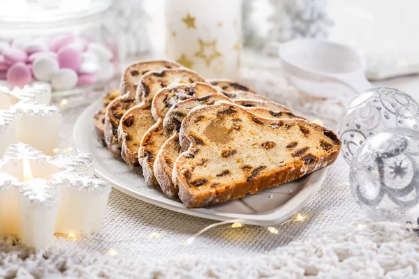 Traditional Christmas Stollen Icing Sugar Christmas Cake German Christmas Bread — Stock Photo, Image
