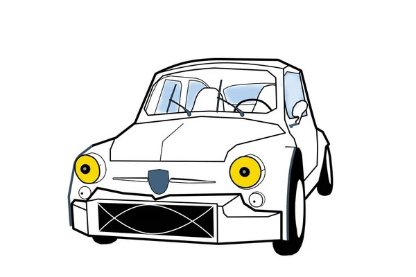 Sarı Farlı Küçük Bir Arabanın Karikatürü Iki Göz Gök Mavisi — Stok fotoğraf