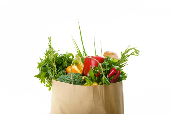 Verduras Crudas Frutas Bolsa Algodón Aisladas Sobre Fondo Blanco Comida —  Fotos de Stock