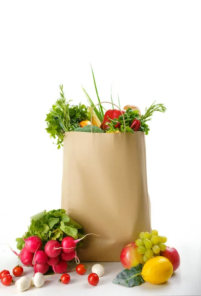 Verduras Crudas Frutas Bolsa Algodón Aisladas Sobre Fondo Blanco Comida —  Fotos de Stock