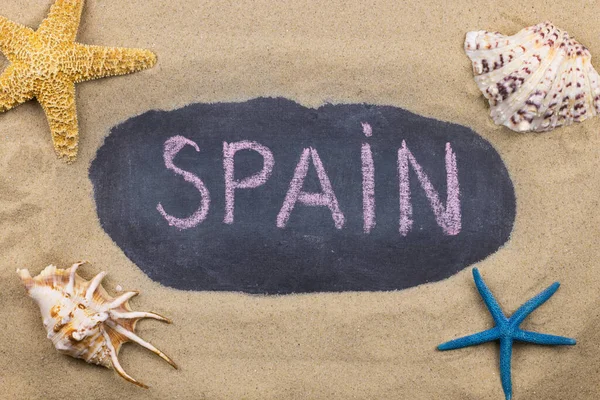 Handwritten Word Spain Written Chalk Seashells Starfishes Top View — Stock Photo, Image