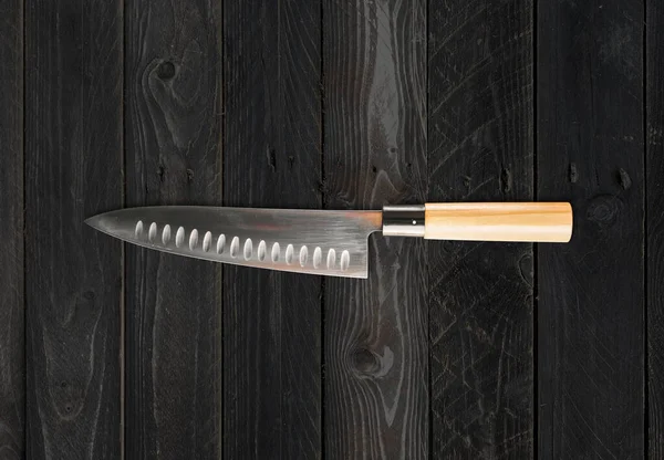 Coltello Tradizionale Giapponese Gyuto Chief Sfondo Tavolo Legno Nero — Foto Stock