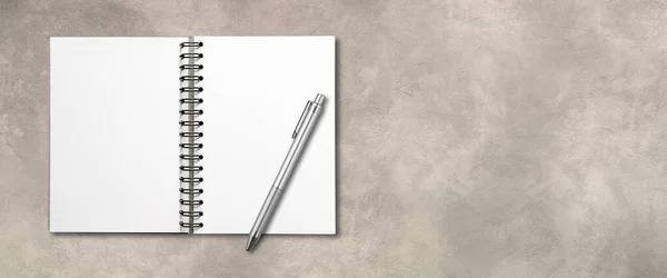 Blank Open Spiral Notebook Mockup Pen Isolated Concrete Banner — Stock Photo, Image