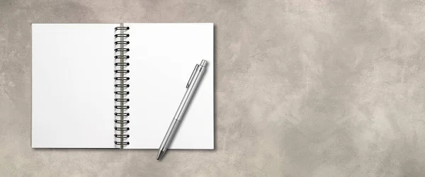 Üres Nyitott Spirál Notebook Mockup Toll Elszigetelt Beton Banner — Stock Fotó