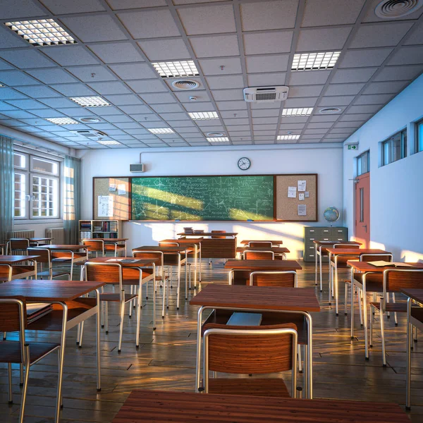 Innenraum Eines Klassenzimmers Holzboden Und Schreibtische Konzept Von Bildung Und — Stockfoto