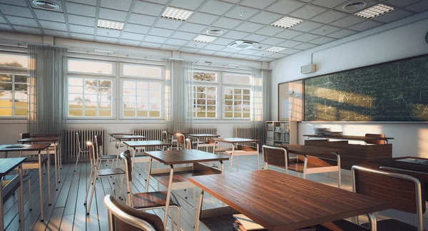 Εσωτερικό Σχολικής Τάξης Ξύλινο Δάπεδο Και Γραφεία Έννοια Της Εκπαίδευσης — Φωτογραφία Αρχείου