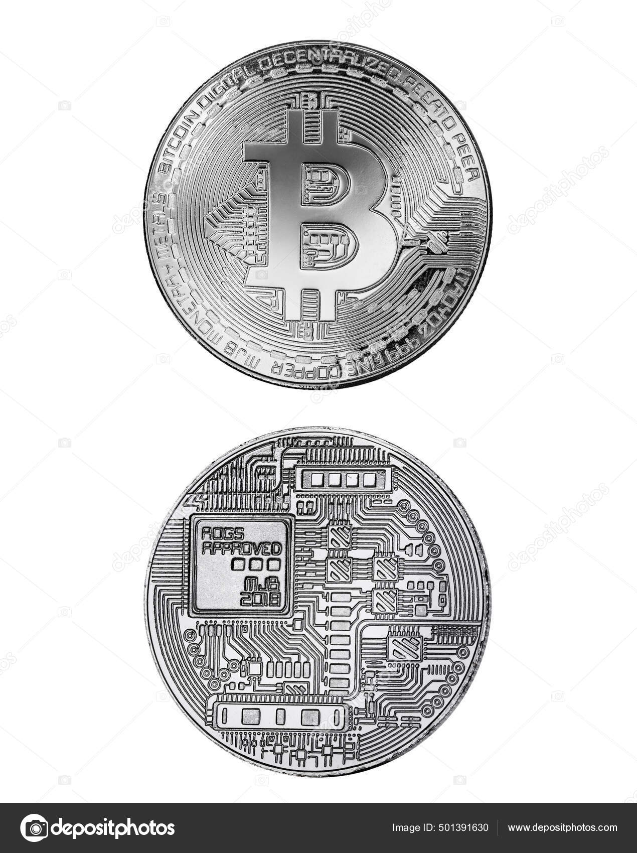 银质比特币的正面和反面与白色背景隔离加密货币金币比特币符号—— 库存社论照片© PantherMediaSeller #501391630