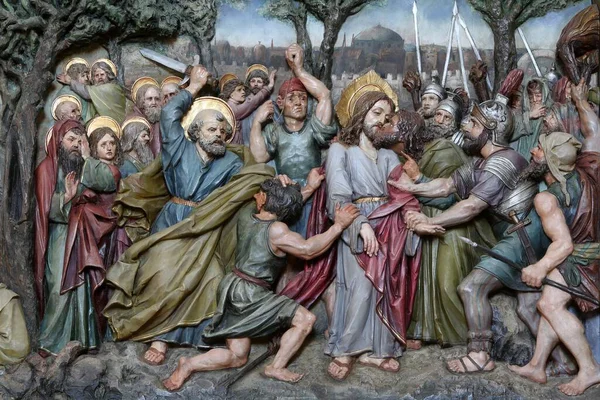 Pocałunek Judasza Jezus Ogrodzie Getsemane Ołtarz Kościele Mateusza Stitar Chorwacja — Zdjęcie stockowe