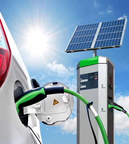 electric car charging station with green energy and power plant