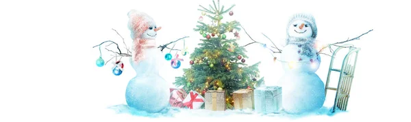 Happy Snowman Standing Winter Christmas Landscape — Stock Photo, Image