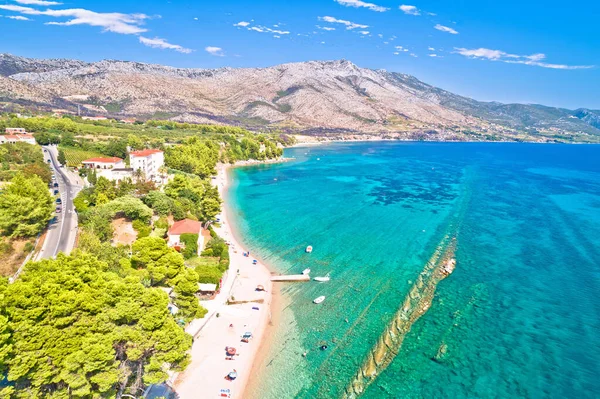 Longue Plage Galets Turquoise Orebic Vue Aérienne Péninsule Peljesac Dans — Photo