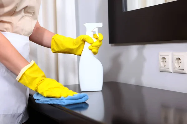 Cleaning Hotel House Maid Protective Gloves Wipes Furniture Hotel Room — Stock Photo, Image