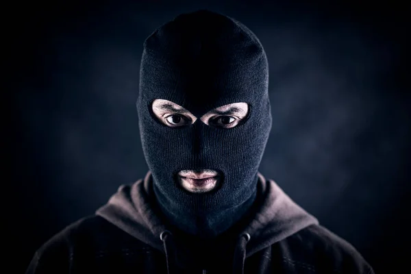 Inbrottstjuv Med Balaklava Och Mask Svart Bakgrund — Stockfoto