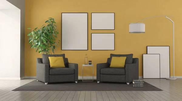 Zwarte Fauteuil Een Moderne Woonkamer Met Gele Wand Achtergrond Rendering — Stockfoto