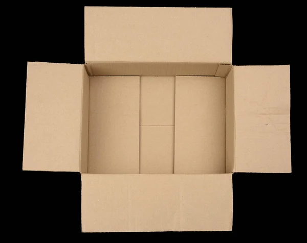 Otwarte Puste Brązowe Prostokątne Pudełko Kartonowe Transportu Towarów Izolowanych Czarnym — Zdjęcie stockowe