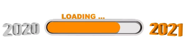 新年の変化2021 新年の読み込みを示す年の数字の間の進捗バー オレンジとグレーのグラフィック要素 白い背景に隔離された 3Dイラスト — ストック写真